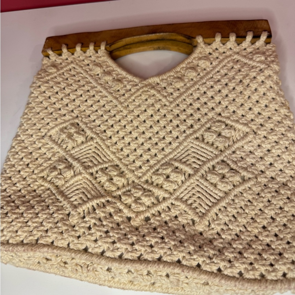 Vintage Cream Macrame Bag with Wooden Handle